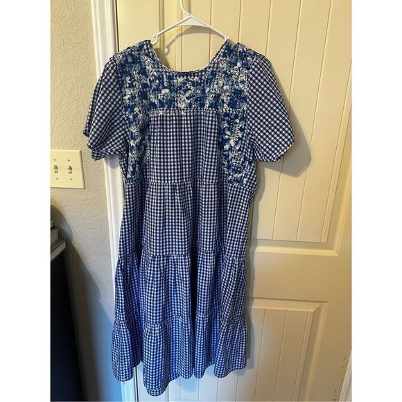 Margarita Mercantile Blue White Embroidered Gingham Tiered Midi Mexico Dress - Picture 11 of 13